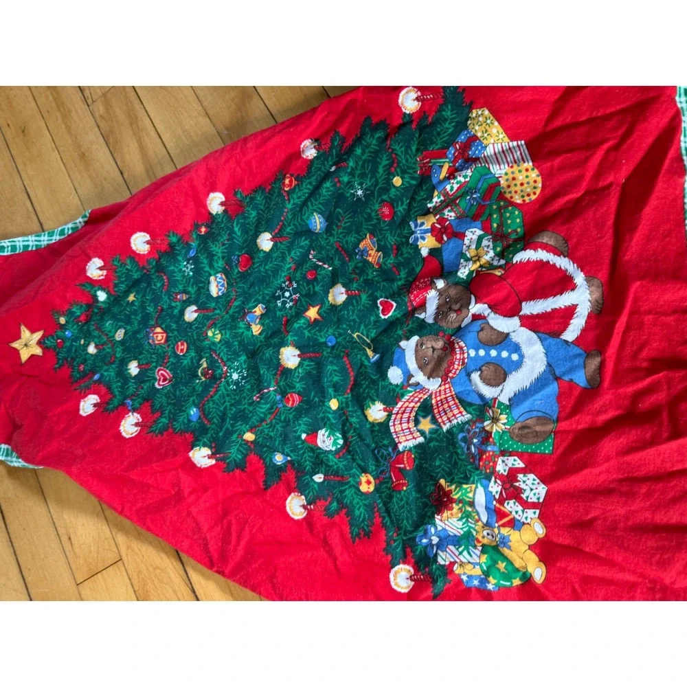 Vintage Christmas Teddy Bear Tree Red Apron Green Plaid Trim Holiday Kitchen